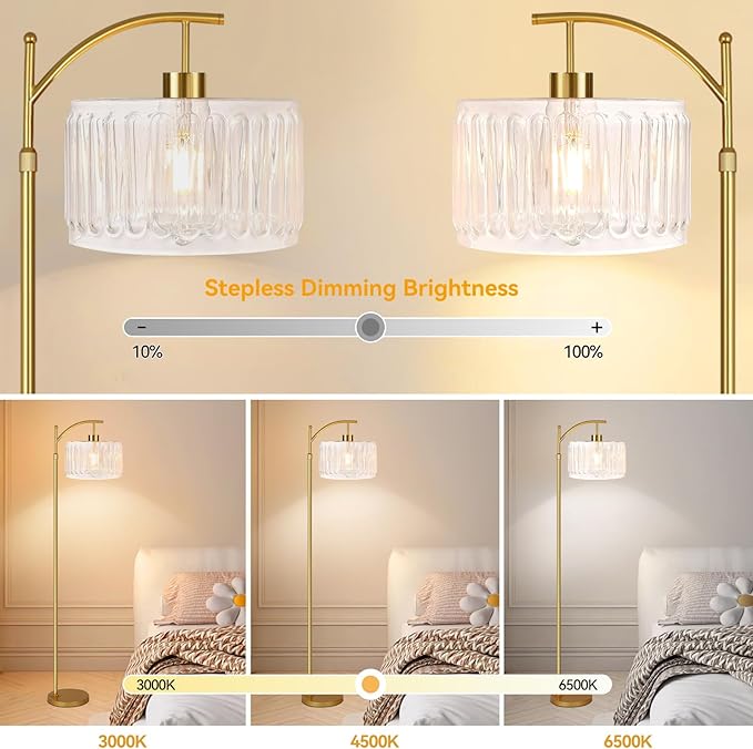 Glass Floor Lamp for Living Room,Bedroom,Gold Dimmable Standing Lamp with Remote,Brass White Tall Lamp Boho Mid Century Modern Floor Lamps Arc Floor Light Lamp Girls Kids Bohemian