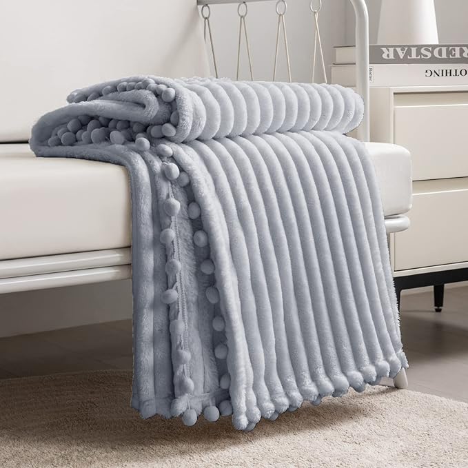 DISSA Fleece Blanket Queen Size – 90x90, Grey – Soft, Plush, Fluffy, Fuzzy, Warm, Cozy – Perfect Throw for Couch, Bed, Sofa - with Pompom Fringe - Flannel Blanket