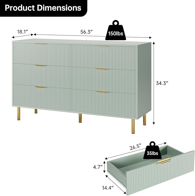 GarveeHome Green Dresser, Modern 6 Drawer Dresser for Bedroom with Gold Handle and Large Drawer, Wood Double Chest of Drawers and Storage Organizer for Living Room, Hallway, Entryway