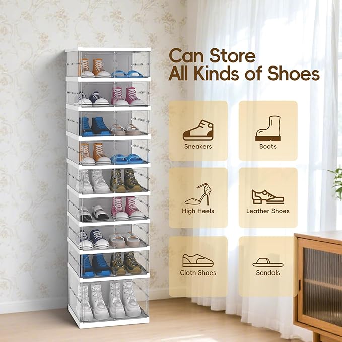 Dollate 9-Tier 18 Pairs Foldable Shoe Rack with Magnetic Clear Doors,Easily Assembled Portable Shoe Storage Organizer Cabinet for Entryway Living Room Bedroom