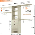Armocity 96 Inches Closet System, 8FT Walk In Closet Organizer with 3 Shelving Towers, Heavy Duty Clothes Rack with 3 Drawers, Built-In Garment Rack, 96"L x 16"W x 75"H, Load 1000 LBS, White Oak