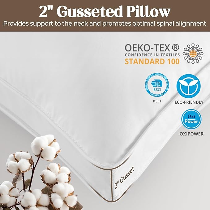 Bafode Goose Feathers Down Pillows, Pillows King Size Set of 2, 100% Cotton Cover,Gusseted Hotel Collection Bed Pillow for Back, Stomach or Side Sleepers