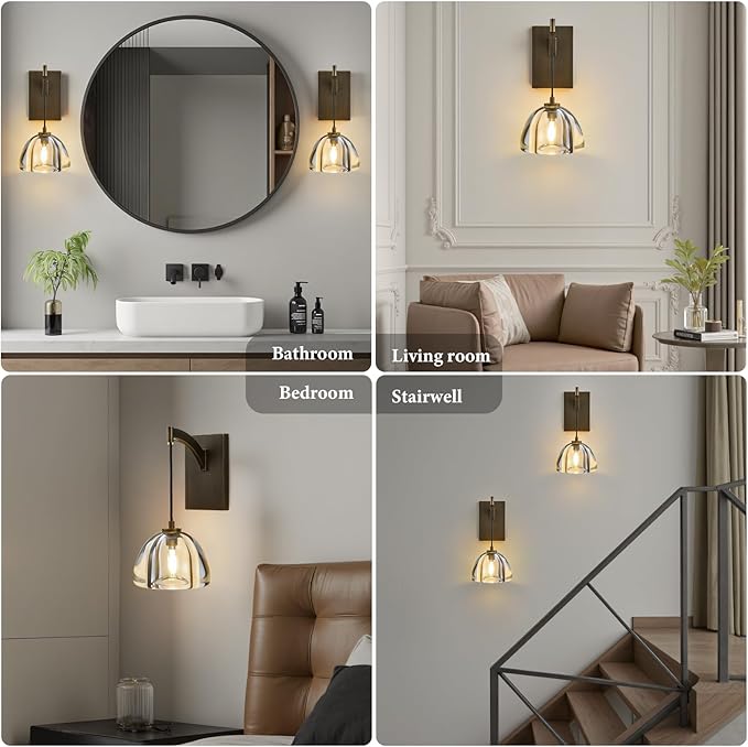 Crystal Brass Dome Wall Sconce - Luxury Antique Brushed Lighting Fixture with K9 Crystals Cloche - Dimmable Indoor Hanging Light - Modern Gold Sconces for Bathroom Bedroom Living Room Stair