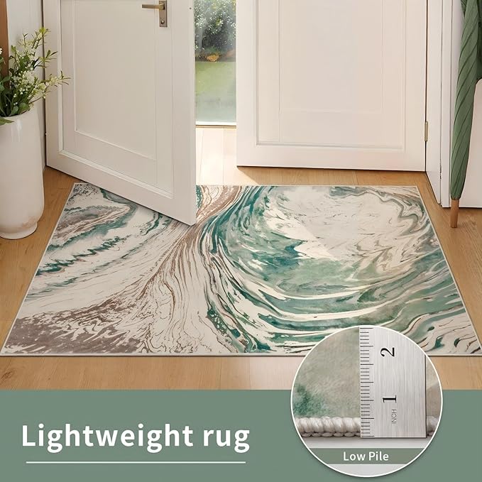 Ciicool Abstract Swirl Area Rug Indoor, 5x7 Washable Entryway Rug, Modern Soft Throw Entry Rug with Non-Slip Backing for Bedroom Living Room Entrance Kitchen, Low-Pile Floor Carpet Doormat Green