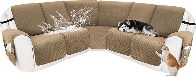 Reclining Sectional Couch Covers 100% Waterproof Velvet L Shape Recliner Couch Covers for Dogs Pets Washable Anti Slip Recliner Slipcovers with Pockets (5 Seat Sofa, Camel)