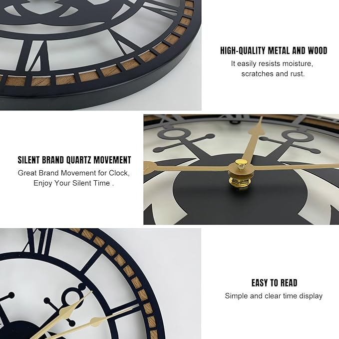 24 Inch Wall Clock, Anchor Wall Clock, Silent Non Ticking, Battery Operated Large Decor Clocks for Living Room Decor, Kitchen, Office (Nautical Style)