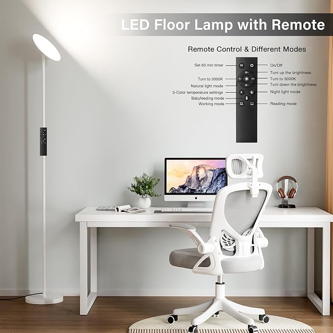 Modern LED Floor Lamp - Remote & Touch Control, Sky Torchiere Standing Lamp, Fully Dimmable, 3 Color Temperatures, Ideal for Living Room & Bedroom, Easy to Assemble(White)