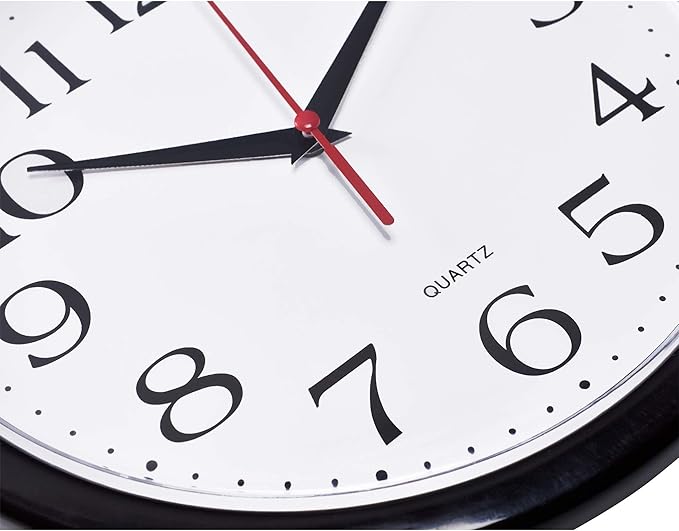 Bernhard Products Black Wall Clock Silent Non Ticking 10 Inch Quality Quartz Battery Operated Round Easy to Read Home/Office/Kitchen/Classroom/School Clock Sweep Movement