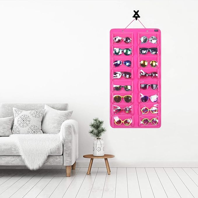 AROUY Sunglasses Organizer Storage, Hanging Dust Proof Wall Pocket Glasses Organizer - 16 Felt Slots Sunglass Organizer Holder with Metal Hook and Sturdy Rope (Dust Proof, Rose)