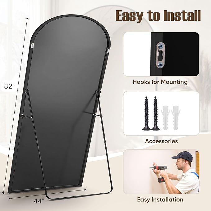 Full Length Mirror, 82"x44" Arched Full Body Mirror, Oversized Floor Mirrors, Leaning Free Standing Mirrors, Hanging Mounted Large Mirrors for Bedroom Dressing Room, Cloakroom, Black