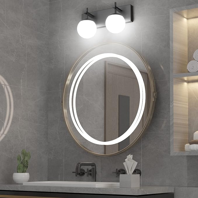 Ralbay Matte Black Bathroom Wall Light Fitures 2-Light Mid Century Modern Bathroom Lighting Black Milky Glass Globe Vanity Light for Bathroom