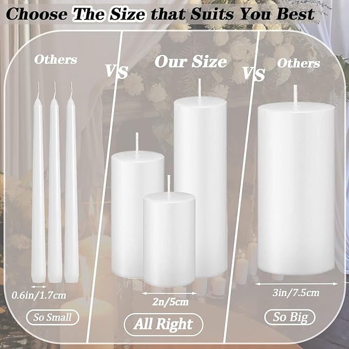 White Pillar Candles Bulk Set of 36，Hurricane Candles，3 Different Lengths 2 x 3/6/8 Inch (12 Each)，Dripless Unscented Smokeless，Gives You a Better Atmosphere When Organizing an Event Party.
