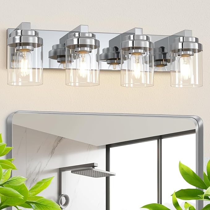Chrome Bathroom Vanity Light, 4 Light Modern Vanity Lights with Clear Glass Shade, Farmhouse Bathroom Vanity Lighting Fixtures Over Mirror for Living Room,E26