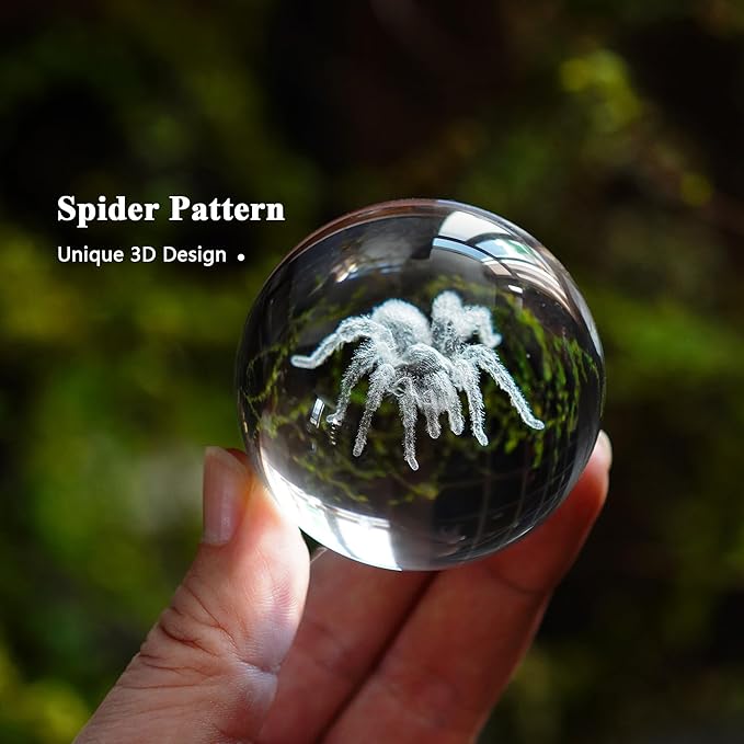 HDCRYSTALGIFTS 60mm 3D Spider Crystal Ball Halloween Decor with Stand 3D Laser Engraved Tarantula Animal Figurine Prop Decorative Glass Full Sphere Table Paperweight
