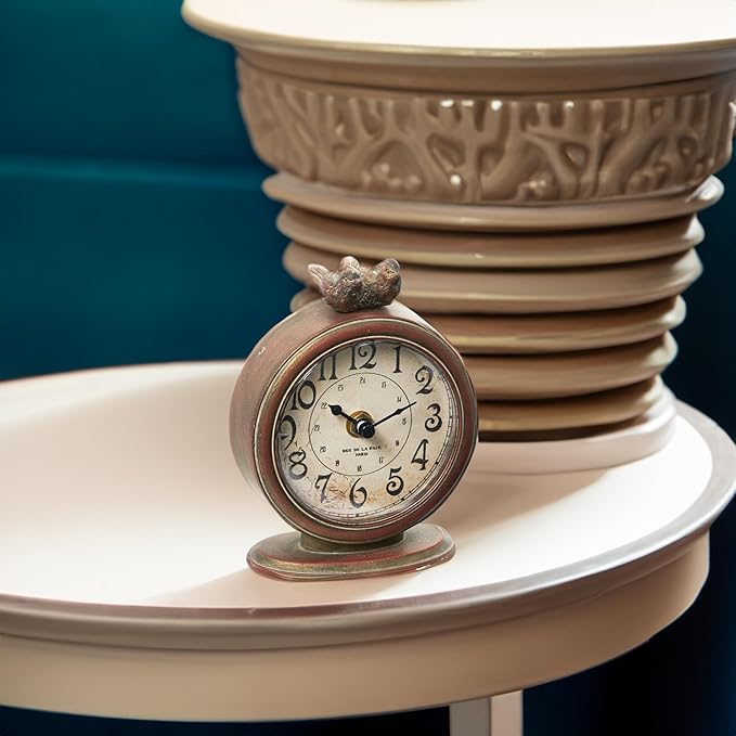 Creative Co-Op Vintage Pewter Mantel Clock with Birds, Distressed Brown