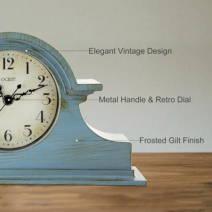 OCEST Vintage Farmhouse Mantel Clock - 13 x 7 Inch Quartz Gilt Finish Battery Operated, Contemporary Napoleon Classic Desk & Shelf Décor for Living Room Office Tabletop Bedside (Azure Blue)