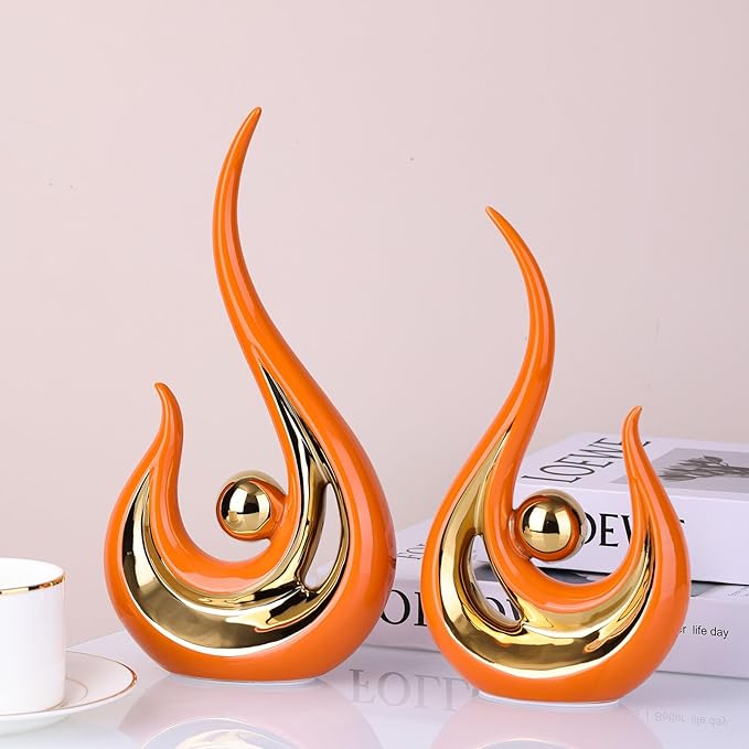 XMGZQ 2pcs Orange and Gold Modern Abstract Art Statue Table Decoration,Elegantes Ceramic Statue for Home Décor Accent,Mantel,Bookshelf,Centerpiece Table Decorations for Dining Room,adornos para sala