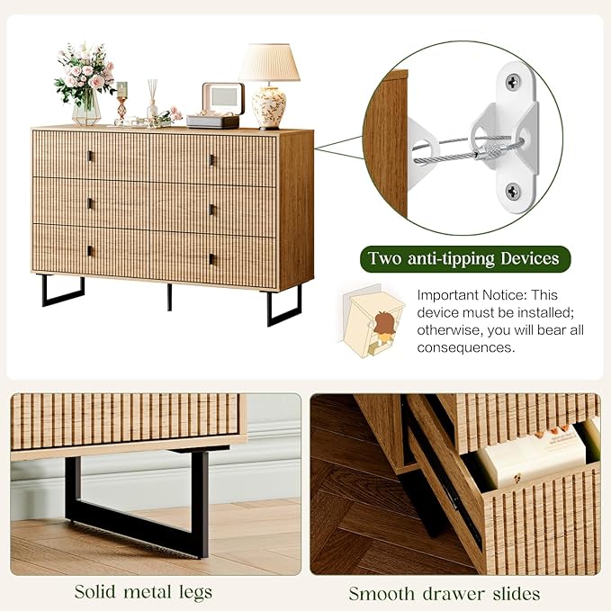 6 Drawer Dresser,47" Wide Mid Century Chest of Drawers,Wooden Bedroom Drawer Dresser with 6 Storage Drawers for Bedroom,Living Room,with Anti-Tipping Device,Warm Wood