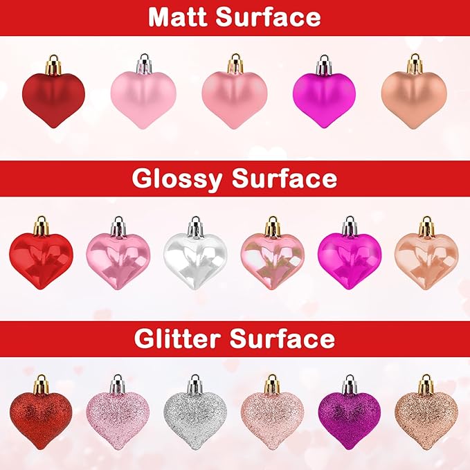 Valentines Day Heart Ornaments, 24Pcs Hanging Heart Ornaments, Glitter Rose Gold Heart-Shaped Baubles for Outdoor Wedding Anniversary Mother's Day Romantic Galentines Valentines Day Party Decoration