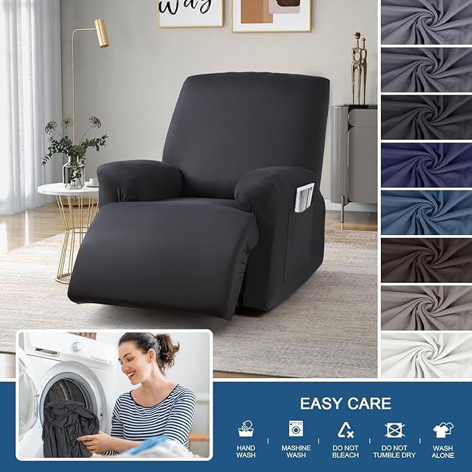 TAOCOCO Oversized Recliner Chair Covers 4-Pieces, Stretch Recliner Cover for Large Recliner Washable Reclining Chair Cover Polyester Soft Fabric Furniture Protector (Oversized Recliner, Black)