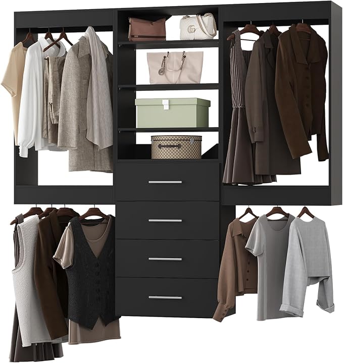 Modular Closet, 78" Wide Organizer with Hanging & Drawers, Wood Tower Storage for Walk-In Closets, Wall-Mounted Wardrobe Kit, Black