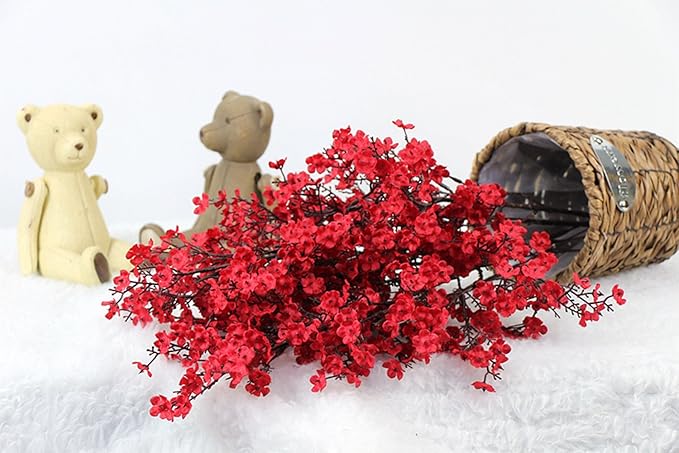 JAKY-Global Babys Breath Fabric Cloth Artificial Flowers 6 Bundle European Fake Silk Plants Decor Wedding Party Decoration Bouquets Real Touch DIY Home Garden(Red)