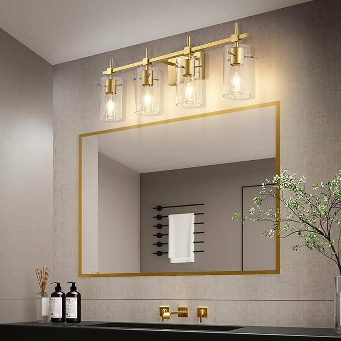 SOLFART Gold Bathroom Light Fixtures Vanity Lights for Mirror 5 Lights Bathroom Vanity Light Wall Sconce