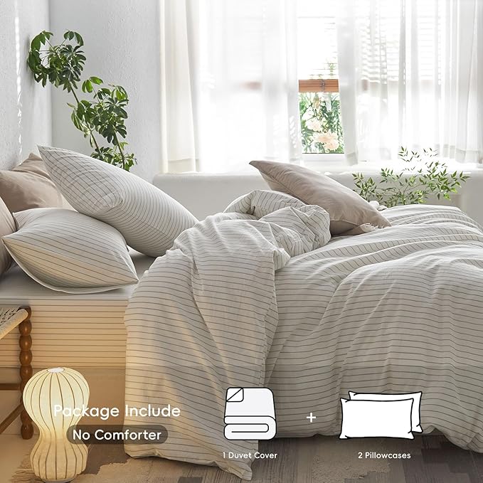 MooMee Striped Duvet Cover Set 100% Washed Cotton Linen Like Textured Breathable Durable Soft Comfy (White Sage Green Wide Stripes, Cal King 104"x98")