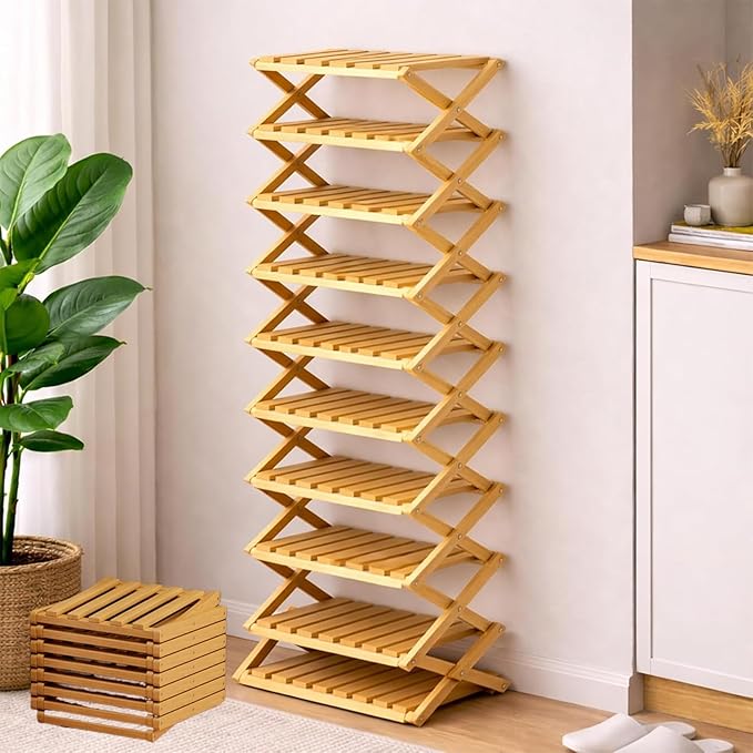 The 9-Tier No-Assembly Bamboo Rack(Foldable Storage), Bamboo Shoe Storage Rack, Space-Saving, Holds 14+ Pairs, Unfolds in 10 Sec (Nature, 4 Tier)