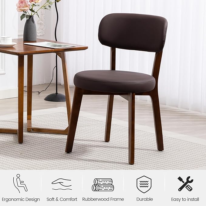 Yilaywain Mid-Century Modern Dining Chairs with Rubberwood Frame, Black Faux Leather Upholstered, 250 LBS Weight Capacity, Anti-Slip Protectors (Brown)
