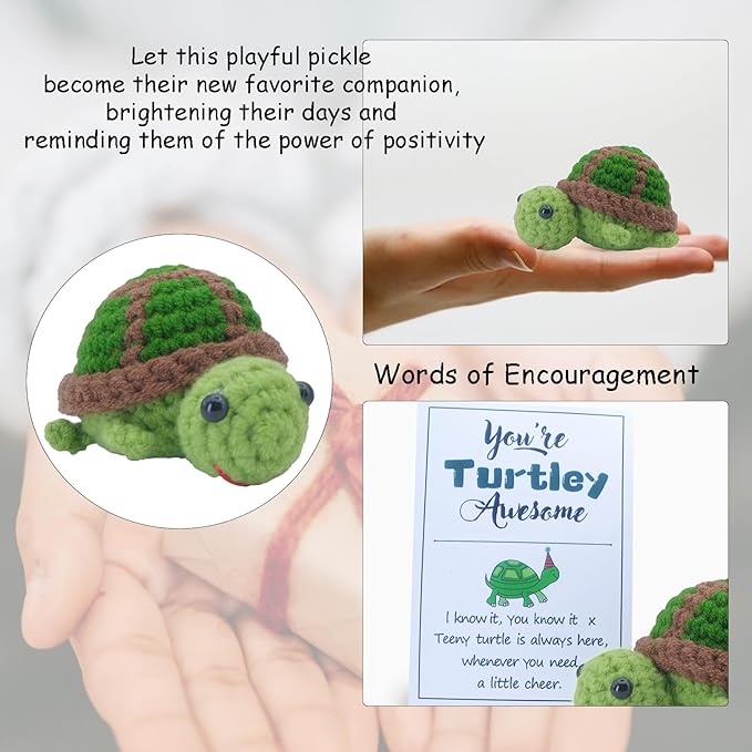 Handmade Funny Positive Turtle Crochet Birthday Gifts, 1.6inch high Sea Turtle with Positive Affirmation Card, Cute Home Office Car Decoration for Friends Coworkers, Inspirational Gifts Ornament