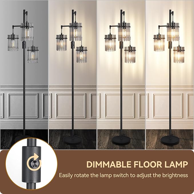 Industrial Modern Floor Lamps for Living Room, Dimmable Glass Tree Standing Tall Lamps with 3 Elegant Teardrop Cage Head & 1200 Lumens LED Bulbs for Bedroom Office (66inch Tall)