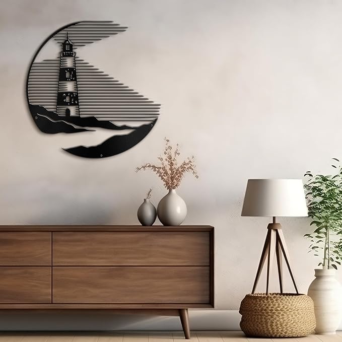 SIGNLEADER Metal Wall Art Decor Lighthouse Minimalist Modern Abstract Wall Sculpture Hangings Home Decoration for Living Room, Bedroom, Bathroom, Kitchen, Outdoor - 30" Black