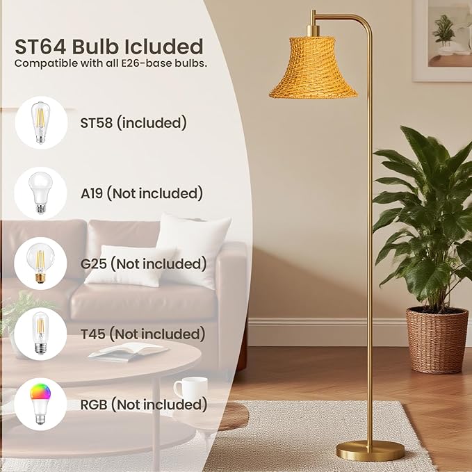 67" Modern Vintage Floor Lamp with Rattan Lampshade - Ideal for Living Room, Bedroom & Office - Heavy Base, Pedal Switch, Stable & Convenient Lighting Solution(Include E26 Bulb)