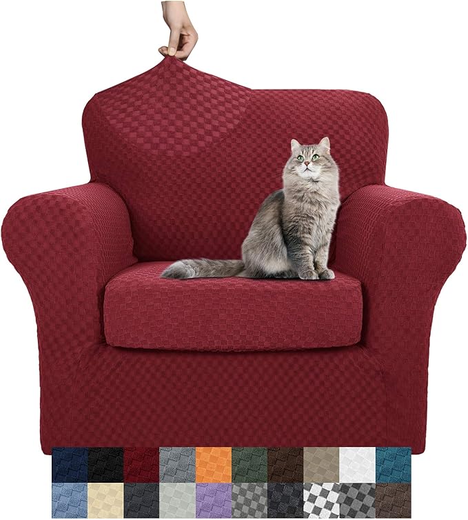YEMYHOM Latest Checkered 2 Pieces Chair Covers for Living Room High Stretch Thickened Chair Slipcovers with Arms Elastic Armchair Sofa Couch Slipcover Protector (Wine Red), 31"-46"(1 Cushion)