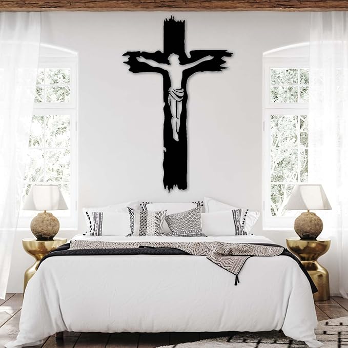 Idadey Jesus Metal Wall Art, Cross Metal Wall Art, Christian Cross Wall Decor, Religious Metal Wall Decor, Christian Gifts, Living Room Wall Decor, Housewarming Gifts (Silver, 35"x22"|90x56cm)