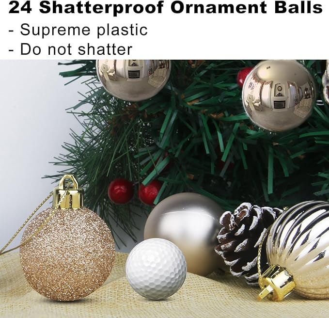 Champagne Gold 2.5" Christmas Balls Christmas Tree Decoration Ornaments Shatterproof Hanging Balls for Birthday Halloween Holiday Wedding Decorations Set of 24pcs