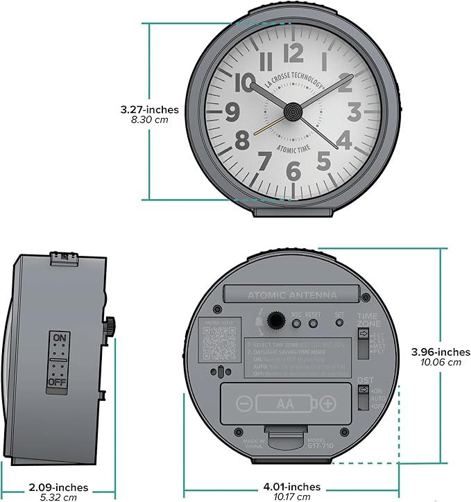 La Crosse Technology 617-710-INT 4-Inch Round Gray Atomic Analog Alarm Clock