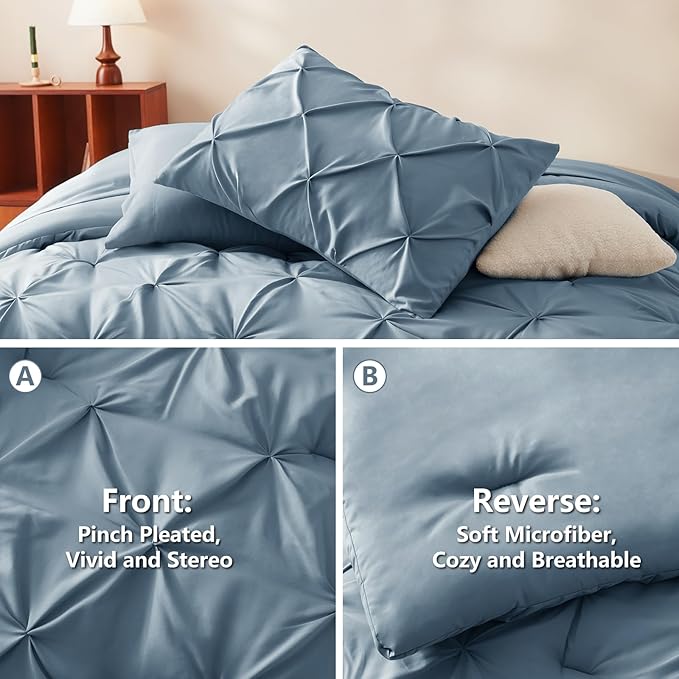 CozyLux Full Size Comforter Sets Mineral Blue, 7 Pieces Pintuck Bed in A Bag Blue Comforter Full Size, Pinch Pleat Bedding Sets with All Season Comforter, Flat Sheet, Fitted Sheet, Pillowcases & Shams
