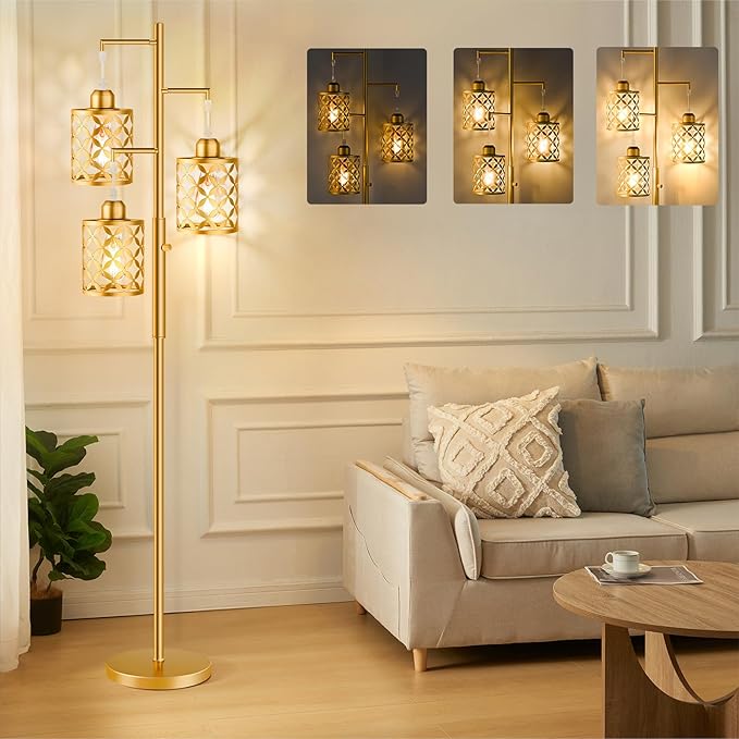 68" Dimmable Floor Lamp, Modern Standing Lamp with Elegant Metal Cage, Industrial Tall Tree Floor Lamps for Living Room, Bedroom, Study Room, Office (2000LM LED Bulbs Included) - Gold