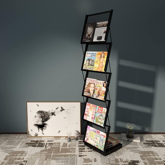brochure display stand&Foldable Magazine Rack with 5 Pockets for Exhibition and Trade Show (17.7'X14.5'X63')