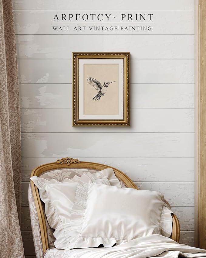 ARPEOTCY Vintage Gold Framed Wall Art Decor, Hummingbird Sketch Wall Art for Living Room Bedroom, 11x14 Inch Vintage Bird Oil Painting Canvs Artwork Prints for Kitchen Bathroom Decor Aesthetic