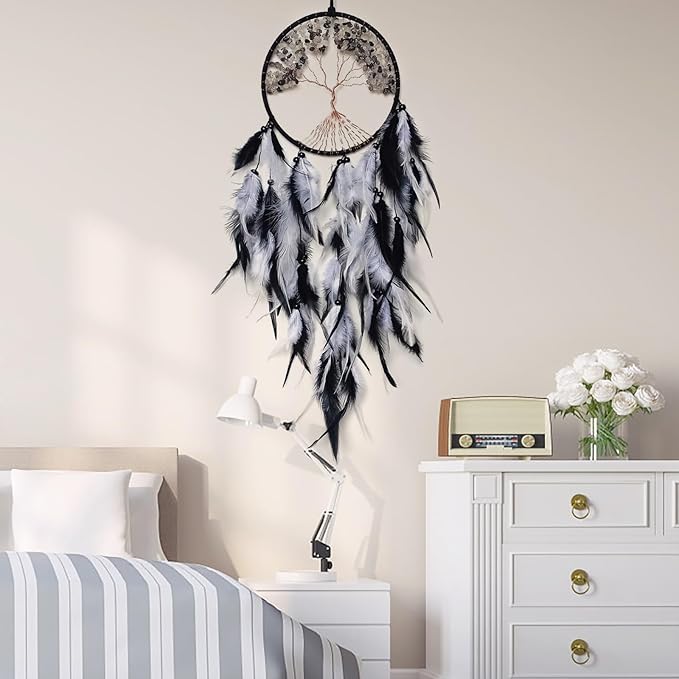 Black and White Dream Catcher Wall Decor Crystal Tree of Life Dream Catchers Handmade Feather Dreamcatcher Wall Hanging Ornament for Bedroom Living Room Home Decor
