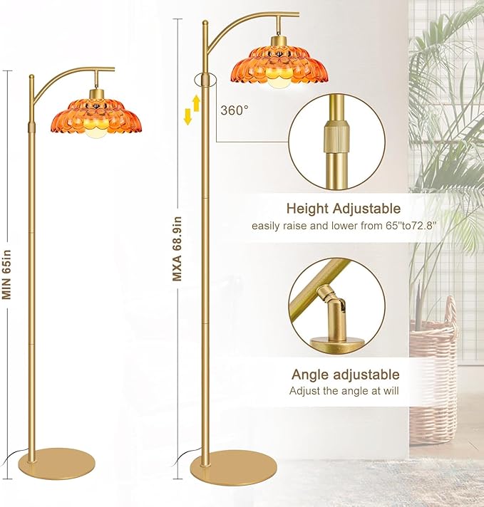 Glass Floor Lamp for Living Room, Standing Lamp with Remote, Dimmable Tall Lamps with Orange Glass Shade, Mid Century Modern Floor Lamps for Bedroom, 12W LED Bulb Included