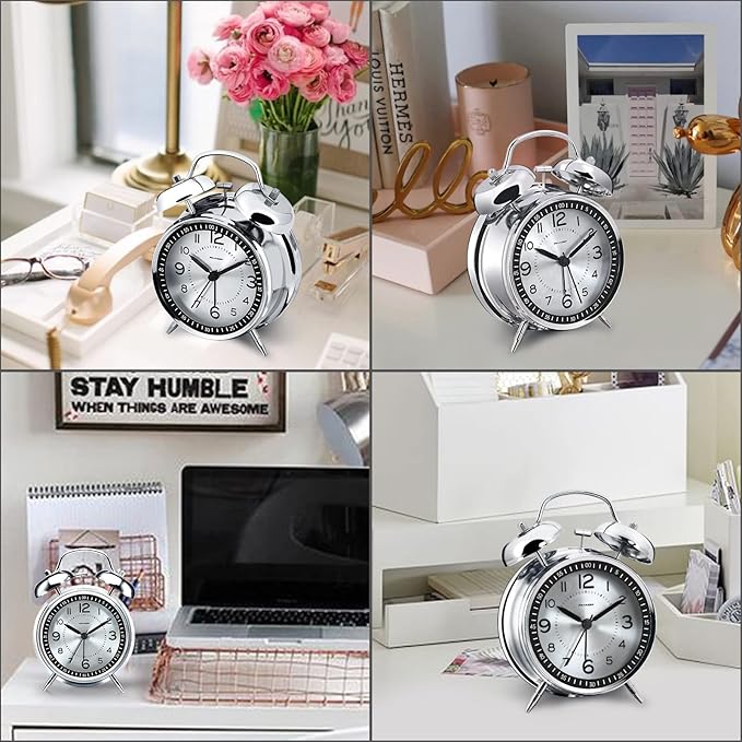 Peakeep Loud Alarm Clock for Heavy Sleepers Adults, Metal 4.5" Twin Bell Battery Operated Alarm Clocks for Bedrooms Decoration (Metal Silver)