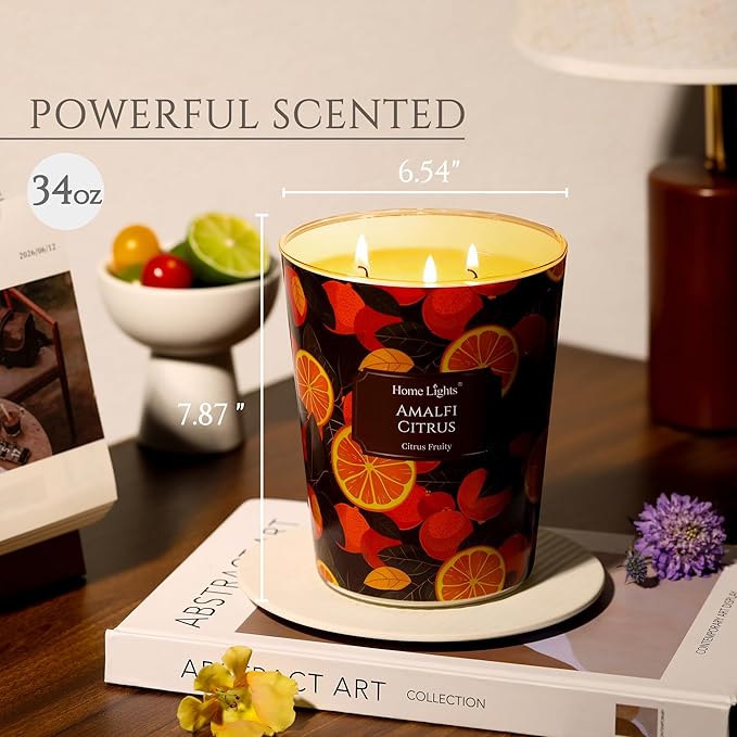 HomeLights Scented Candles | Large Jar 34 Oz Natural Soy Candle | 130 hrs Long-Lasting with 3 Wicks | Eclectic Mixed Styles Home Decor | Gifts for Mom & Women, Amalfi Citrus