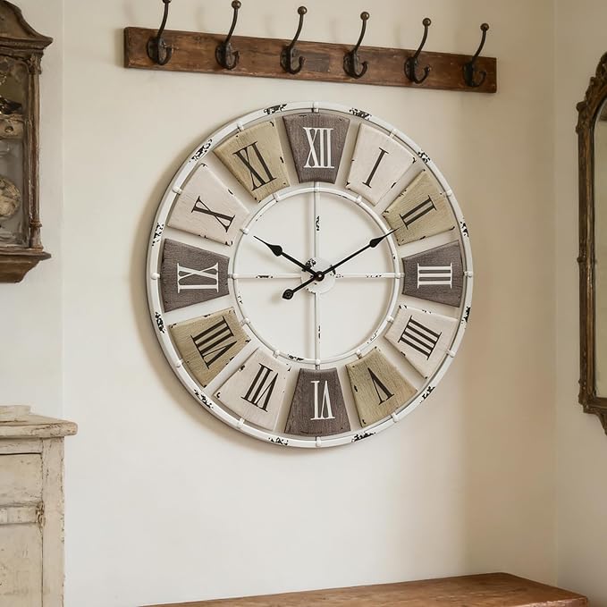 Distressed Metal Wall Clock 16 Inch, Industrial Vintage Roman Numerals, Weathered Iron Frame Farmhouse Office Cafe Decor