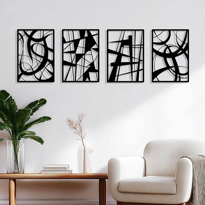 TENTENRI Black Metal Abstract Wall Art 4 Pack Minimalist Décor Line Art Wall Décor for Living Room Bedroom Office Decor