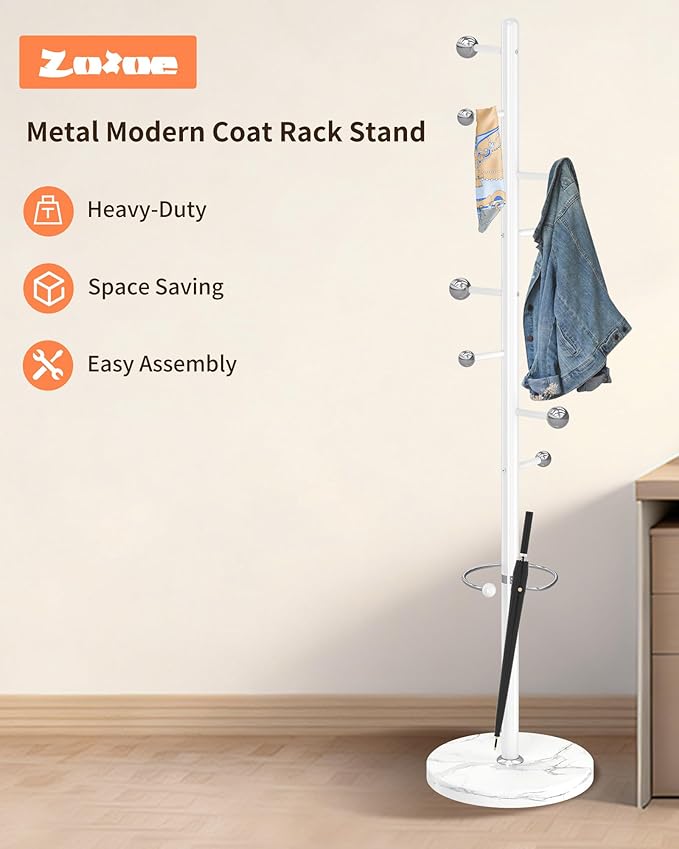 ZOZOE Metal Coat Rack Stand, Modern Coat Rack Freestanding with Natural Marble Base, Sturdy Industrial Coat Racks with 8 Hooks & Umbrella Holder,White Coat Tree Hanger Stand for Entryway,Office