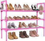 3 Tier Shoe Rack for Closet, Shoe Organizer with 5 Hooks, Long Shoe Shelf Storage for Shoe and Boot Stackable Free Standing Shoe Rack for Entryway, Garage, Small Spaces, Dorm, Pink